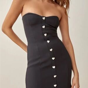 Reformation Neve Black Strapless Dress with Heart Buttons